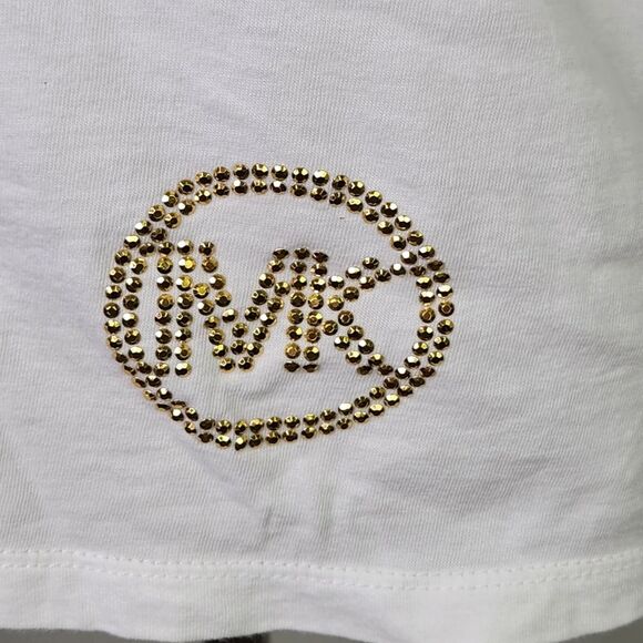MICHAEL Michael Kors White Cold Shoulder Short Sleeve Gold Jeweled Logo Medium - Picture 4 of 10